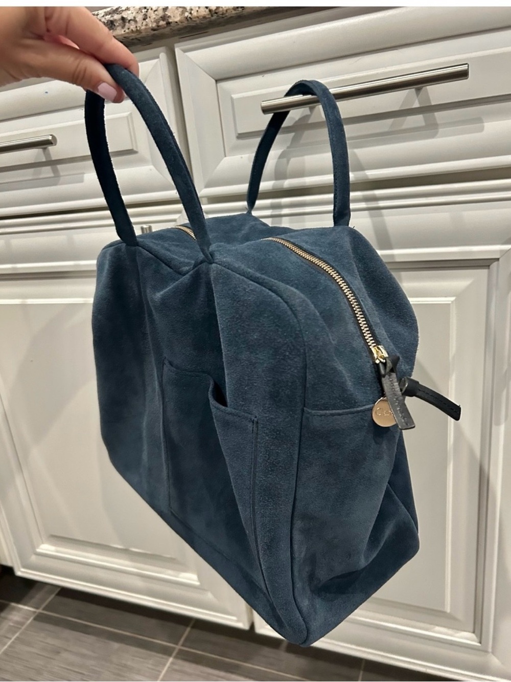 Clare V. Teal Suede Tote with Gold Zip
